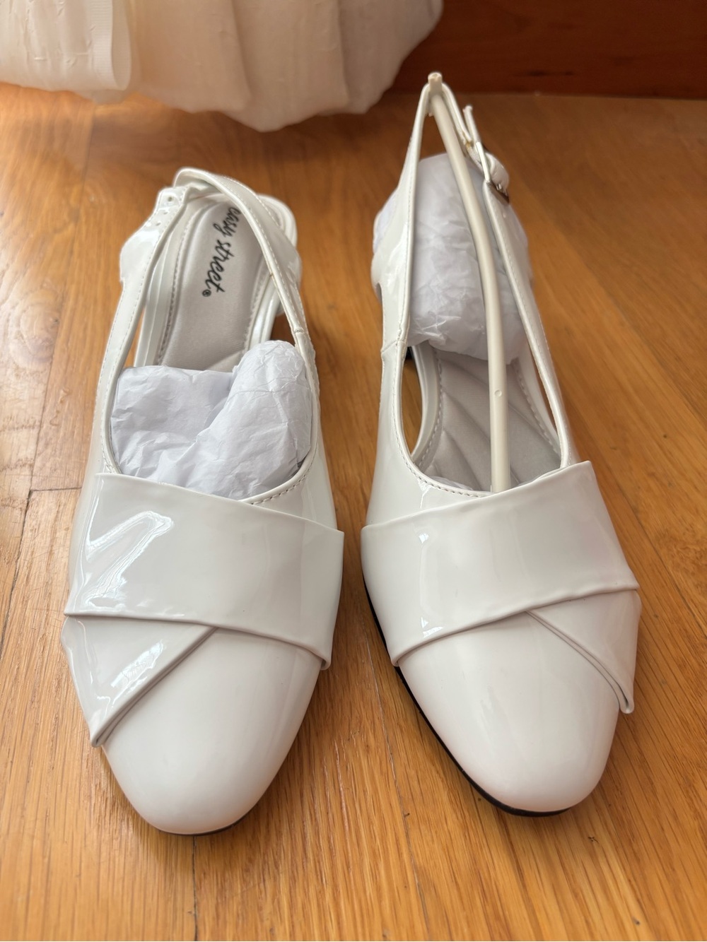 White Patent Slingbacks with Crossover Vamp